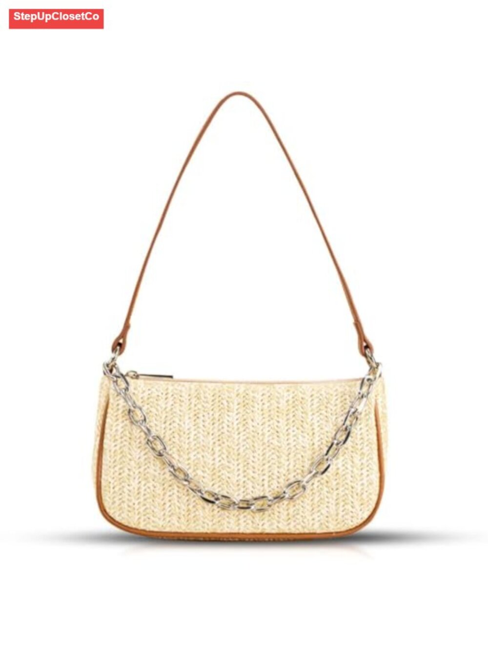 Handwoven Straw Tote Hobo Bag with Chain Handle Zipper Closure Boho Beach